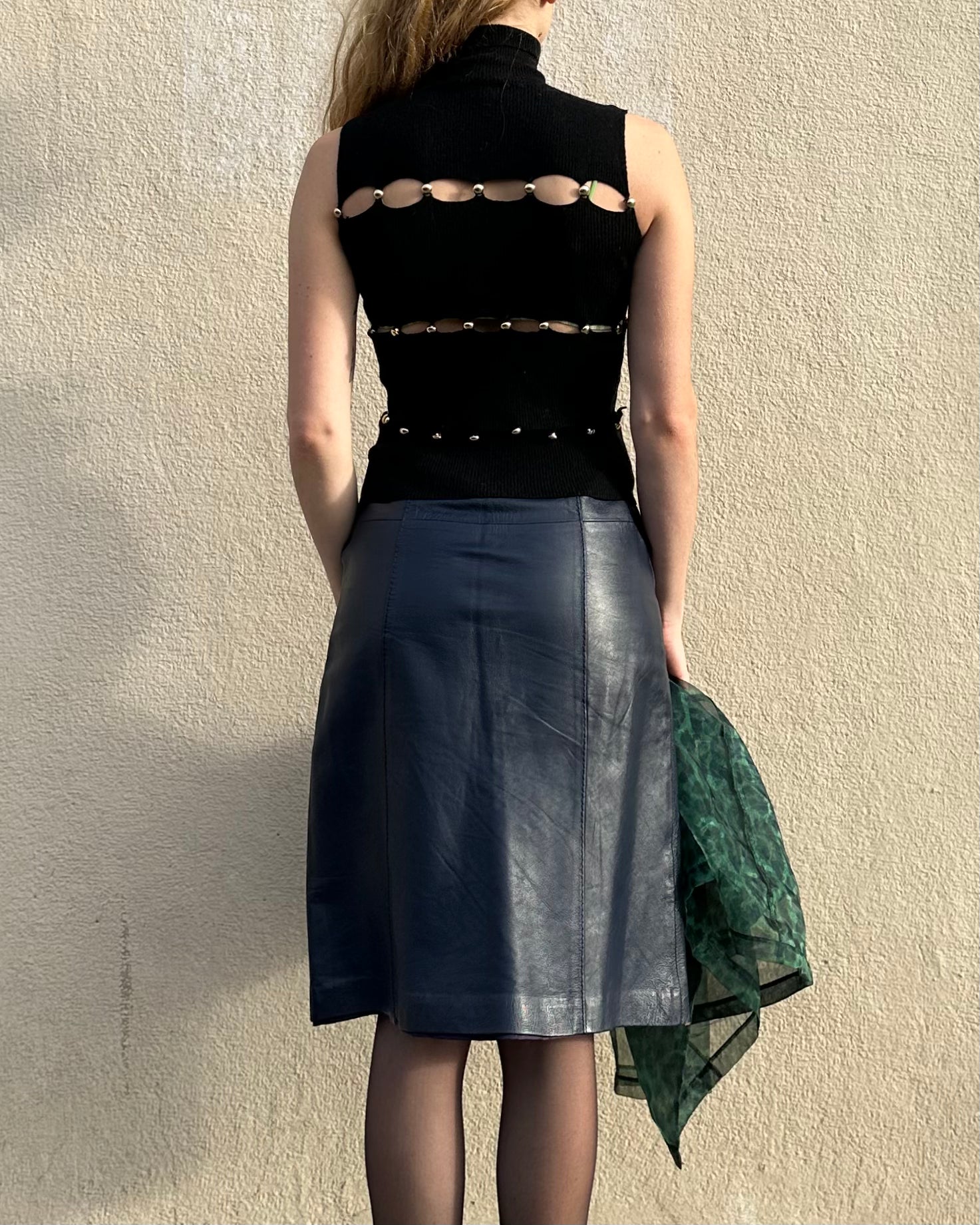 HERMÈS NAVY LEATHER SKIRT