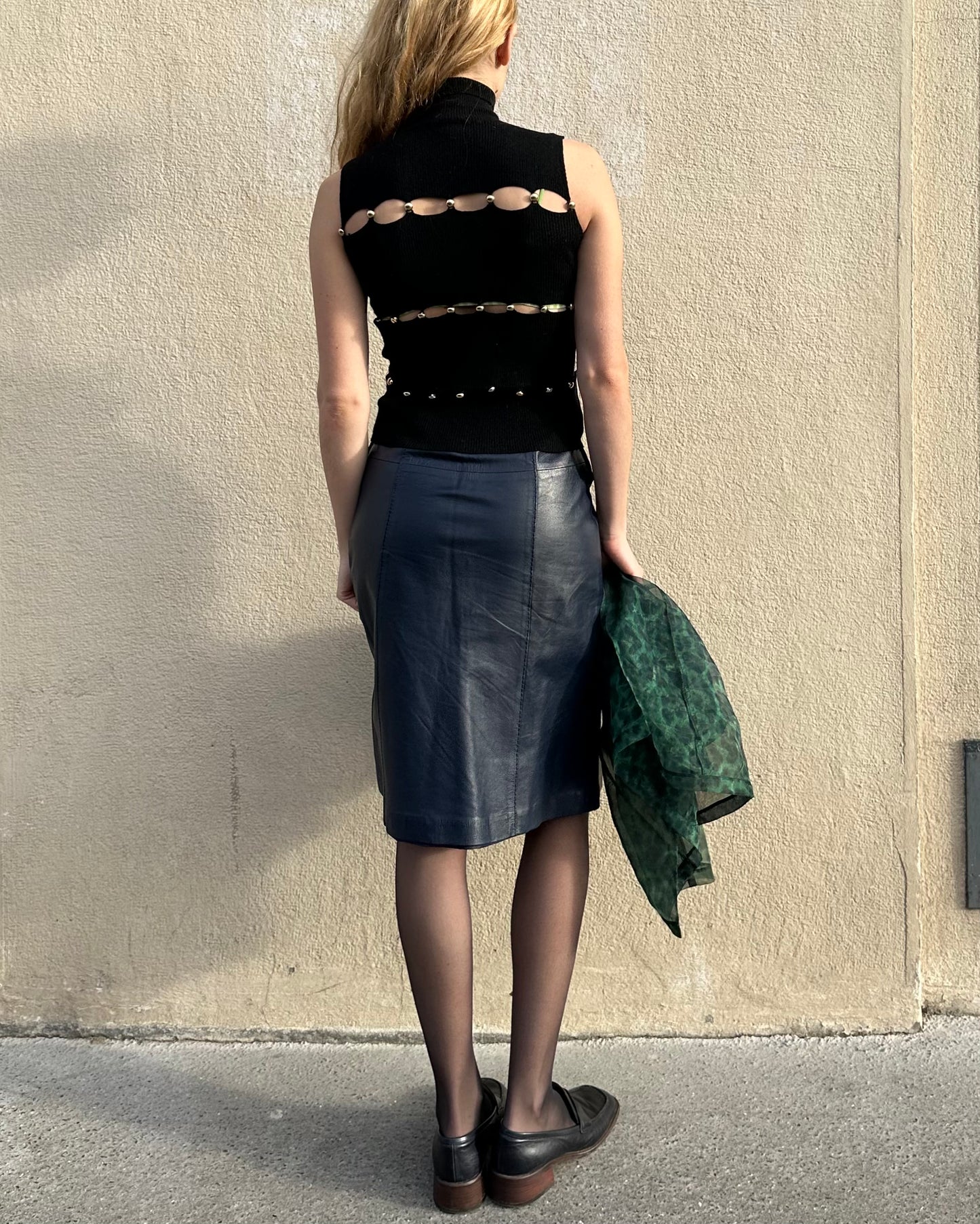 HERMÈS NAVY LEATHER SKIRT