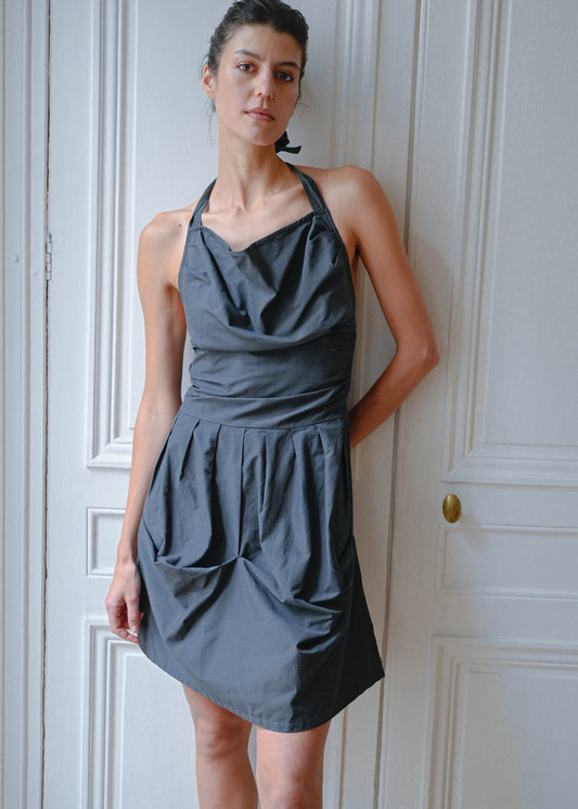 Grey backless dress, vintage, TURN Paris (front view)