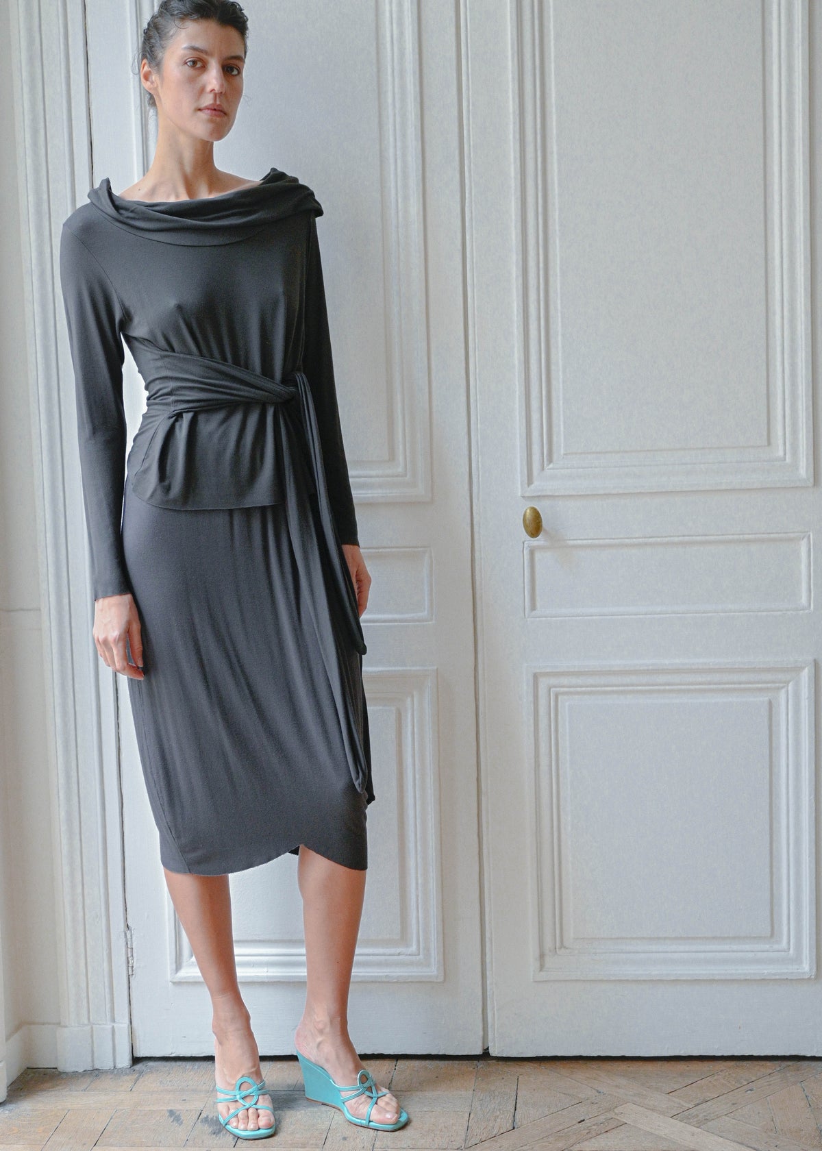 Vintage black draped cotton twinset, front view, TURN Paris