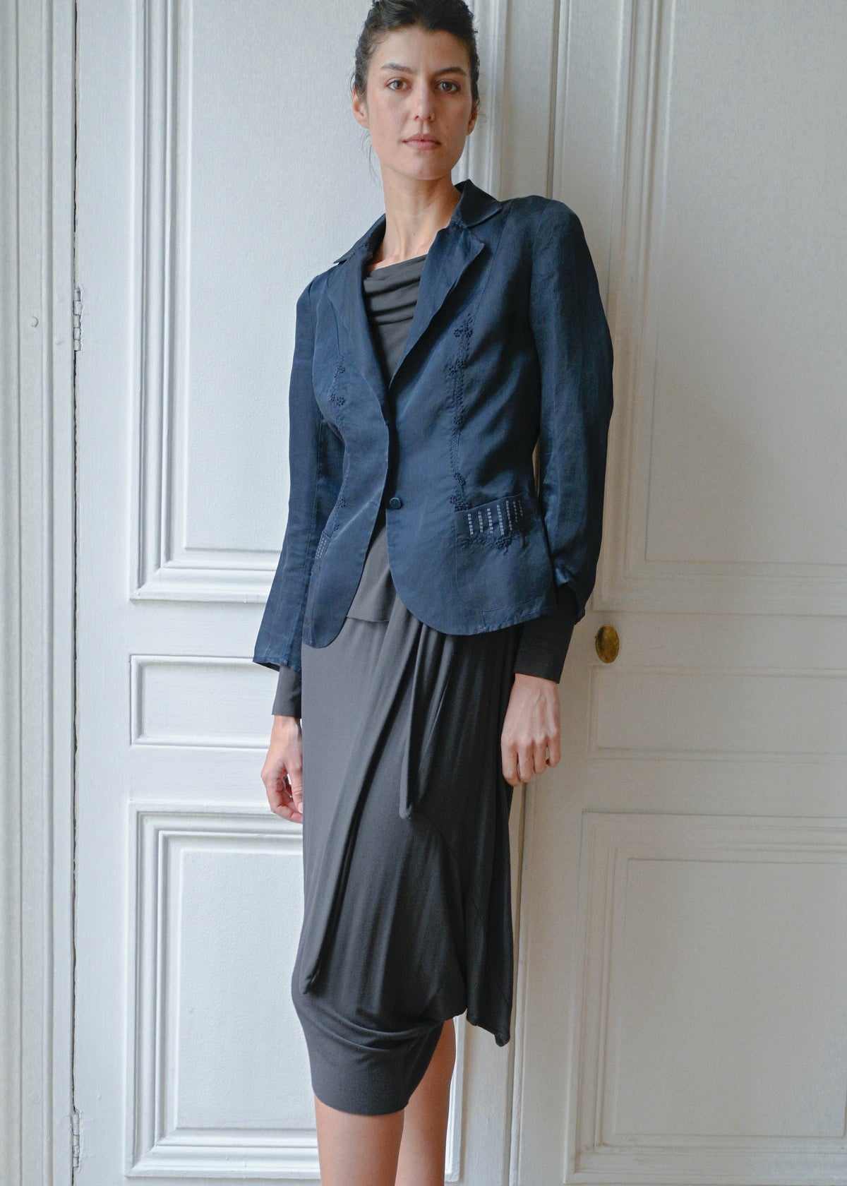 Vintage navy embroidered silk blazer with sequins, front close-up, TURN Paris