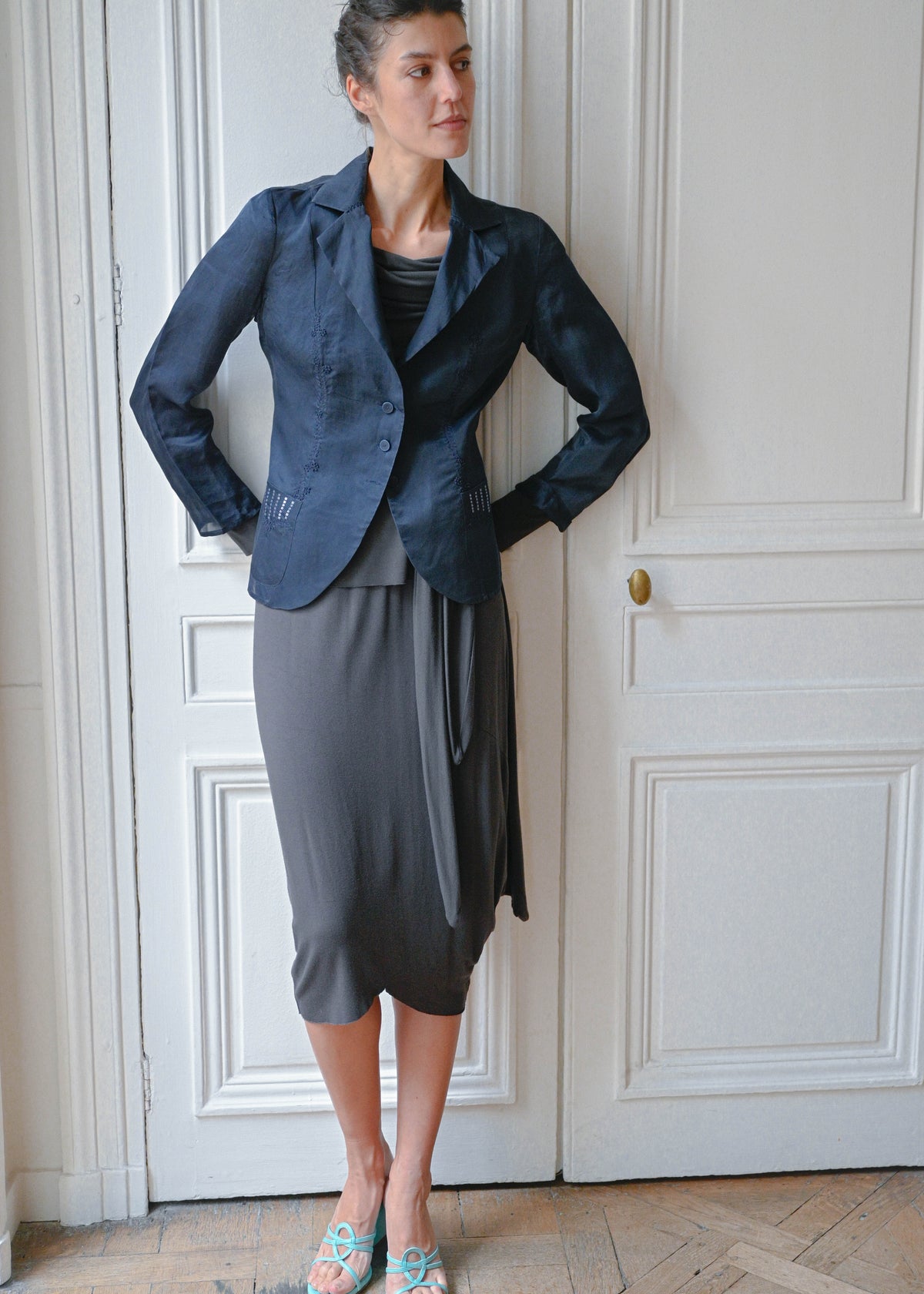 Vintage navy embroidered silk blazer with sequins, front view, worn open, TURN Paris