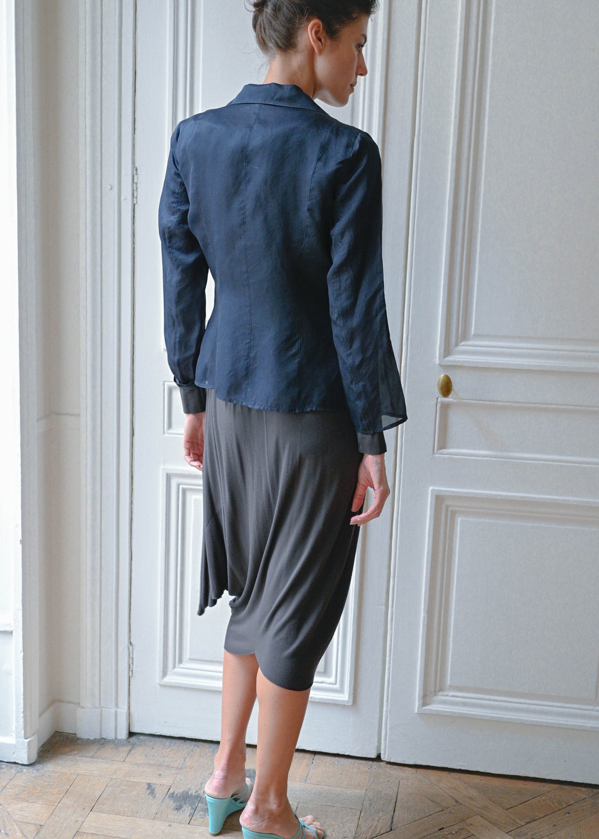 Vintage navy embroidered silk blazer with sequins, back view, TURN Paris