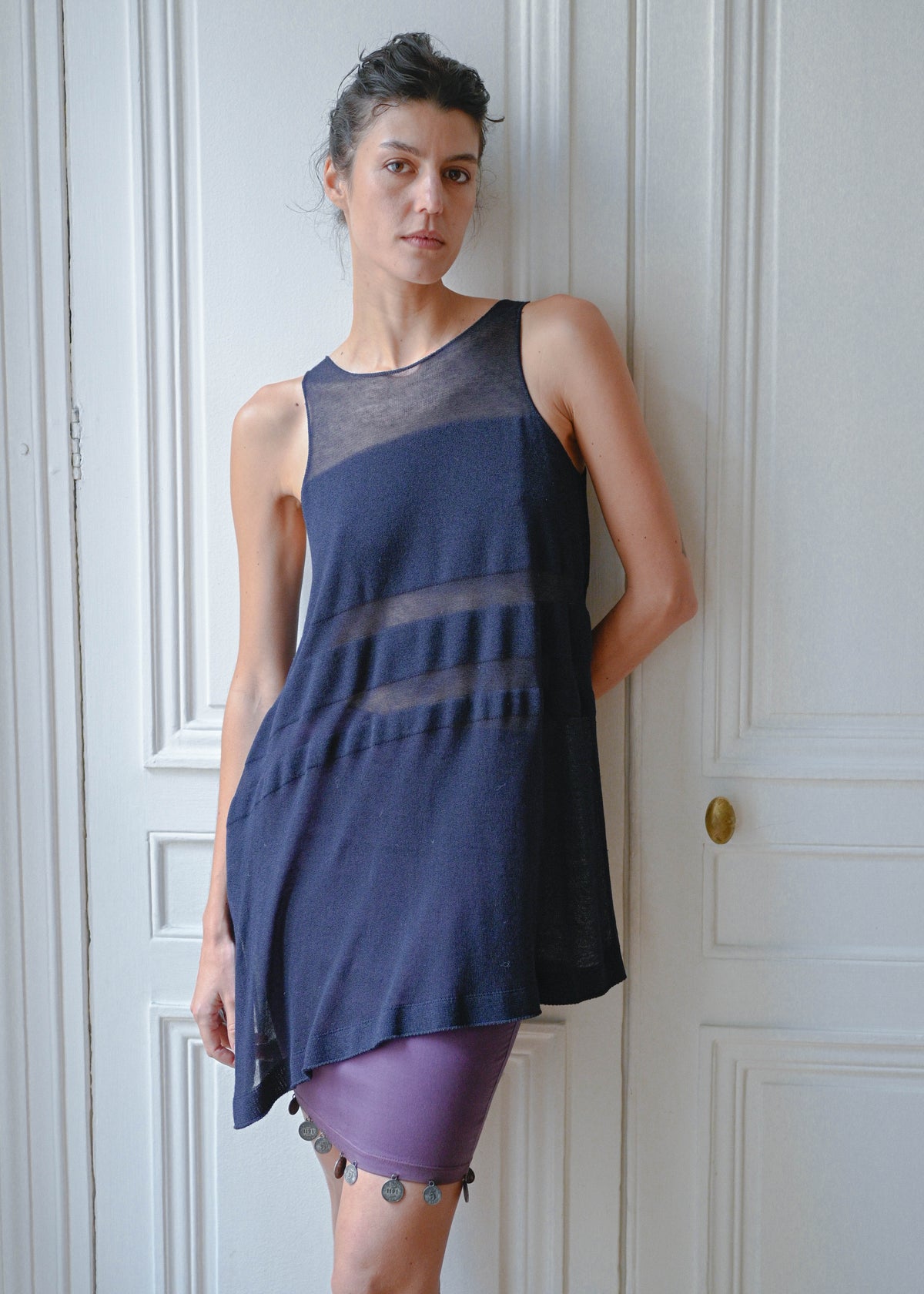 Blue tunic dress, vintage, TURN Paris (front view)