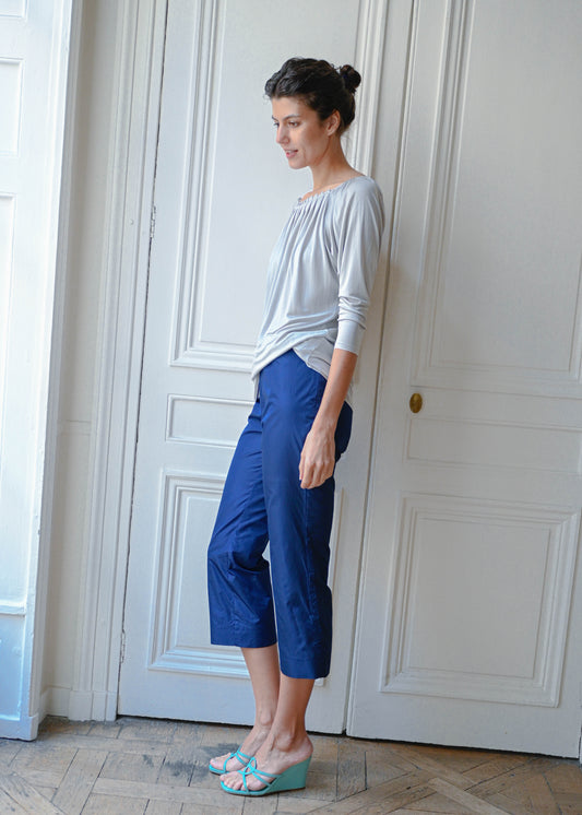 Vintage light grey draped top, side view, TURN Paris