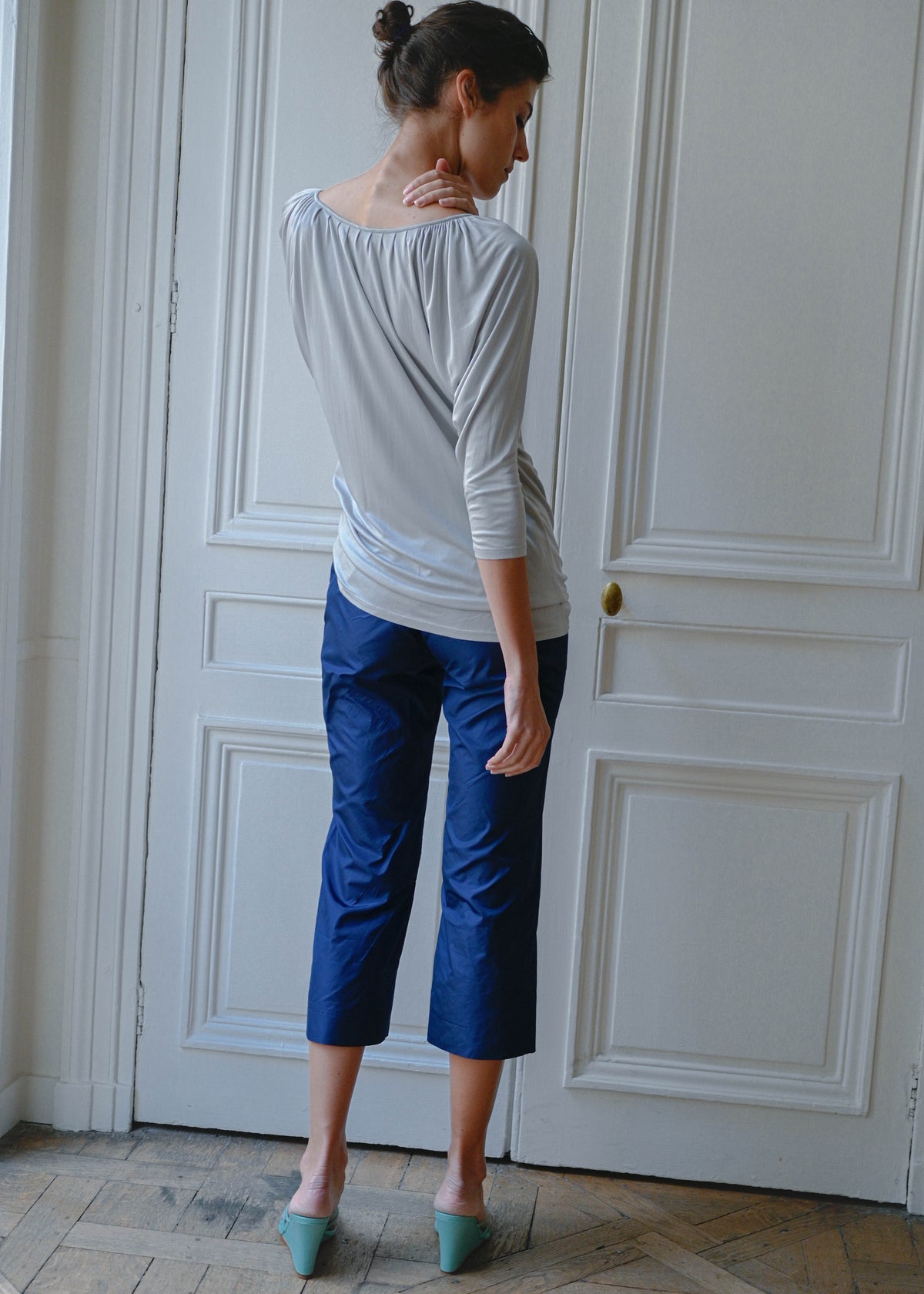 Vintage light grey draped top, back view, TURN Paris