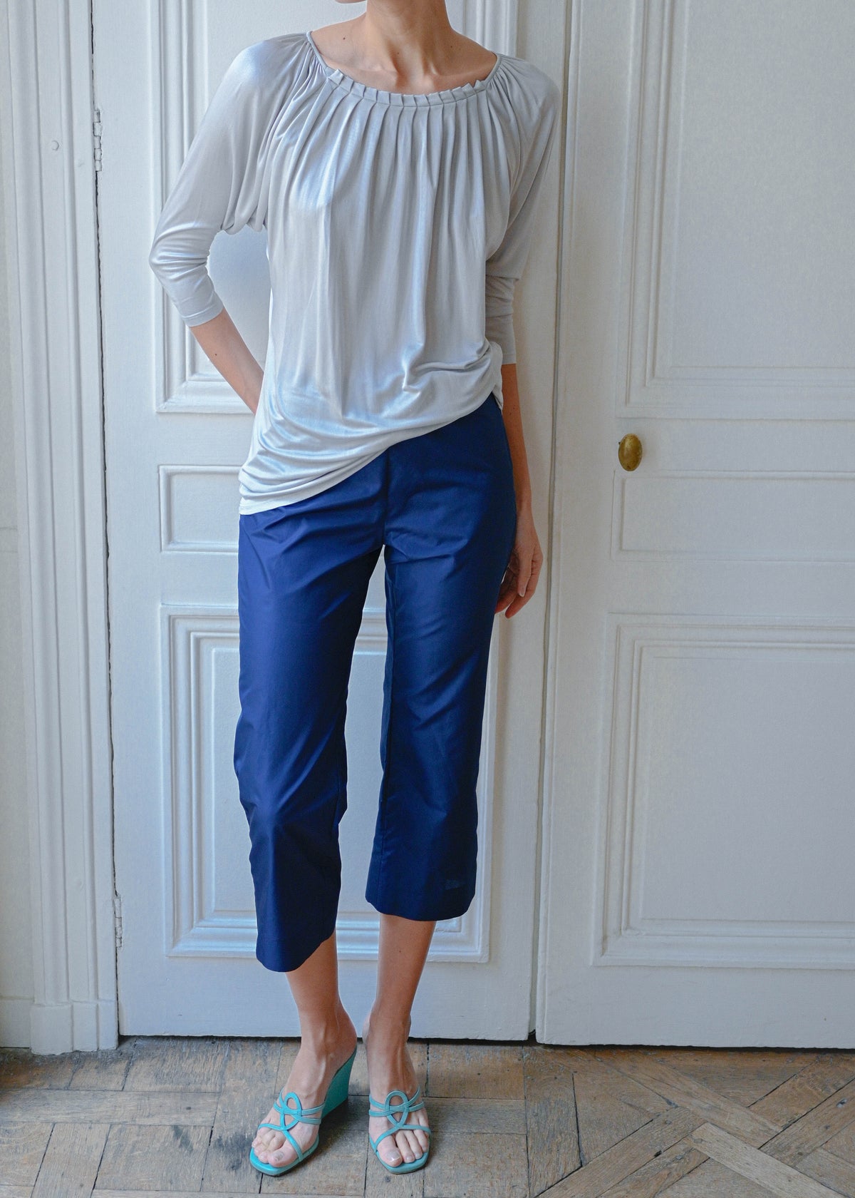 Vintage light grey draped top, front close-up, TURN Paris