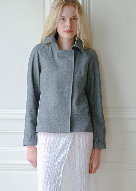 Vintage Kostas Murkudis grey tailored jacket worn with a white maxi skirt, detail, TURN Paris