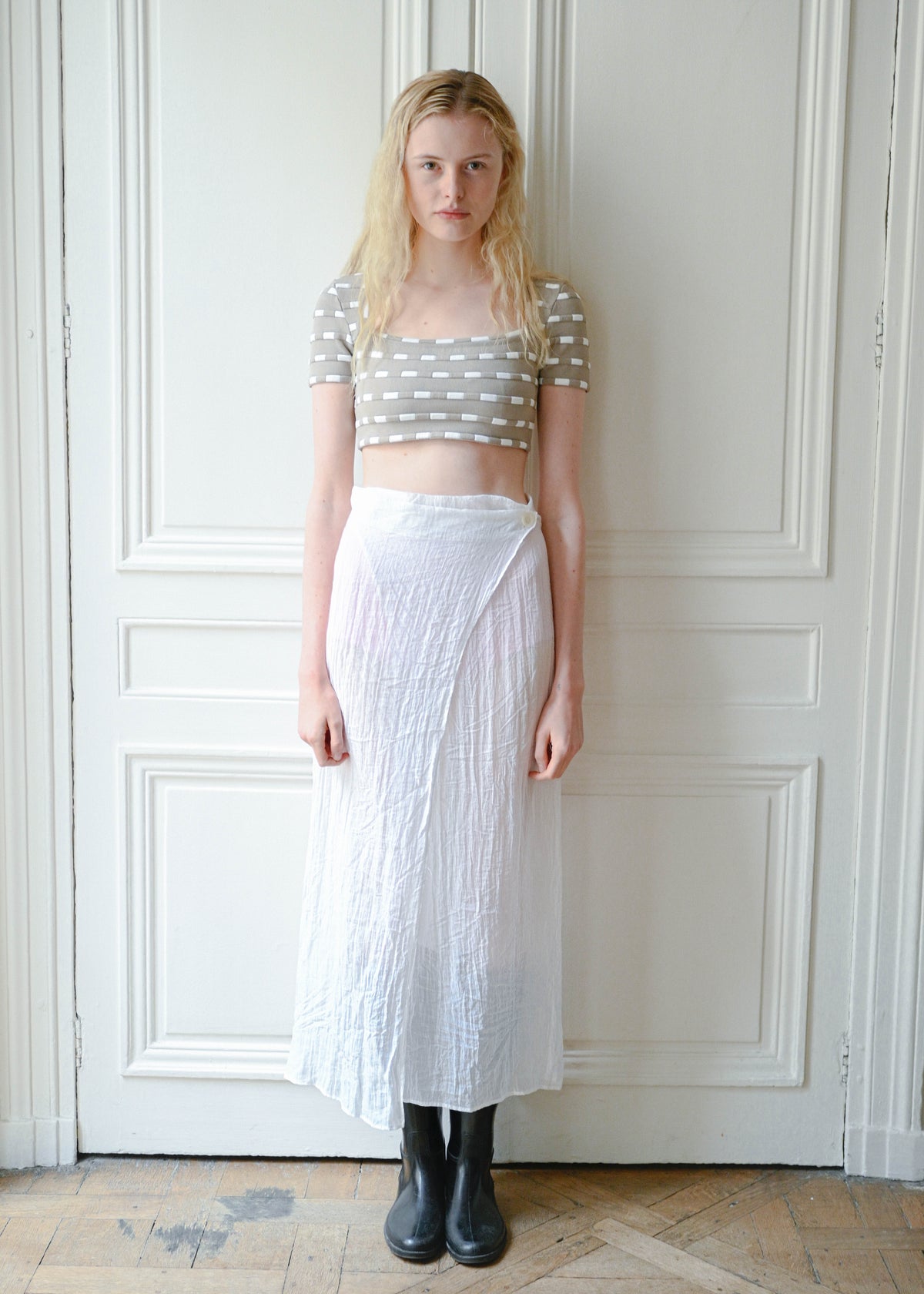 Vintage white sheer maxi wrap skirt, worn with a cropped knit top, detail, TURN Paris