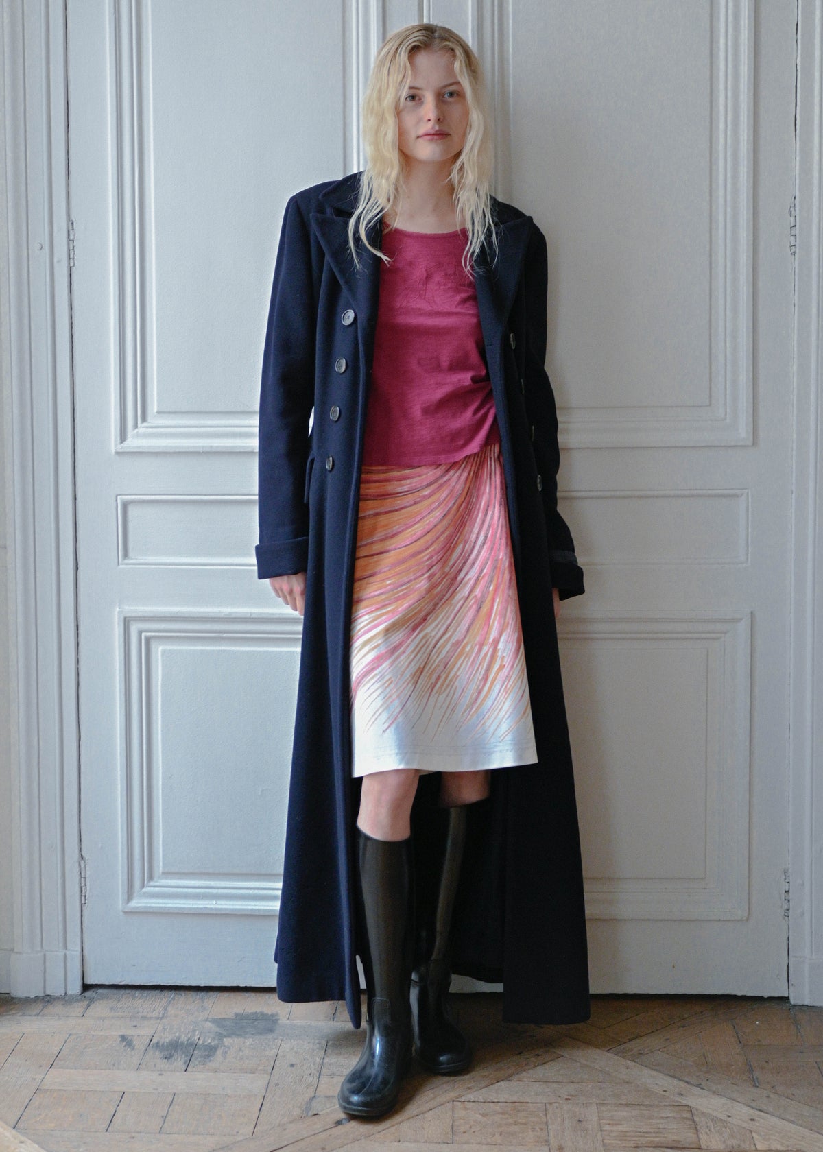 Vintage navy wool maxi coat, close up, TURN Paris