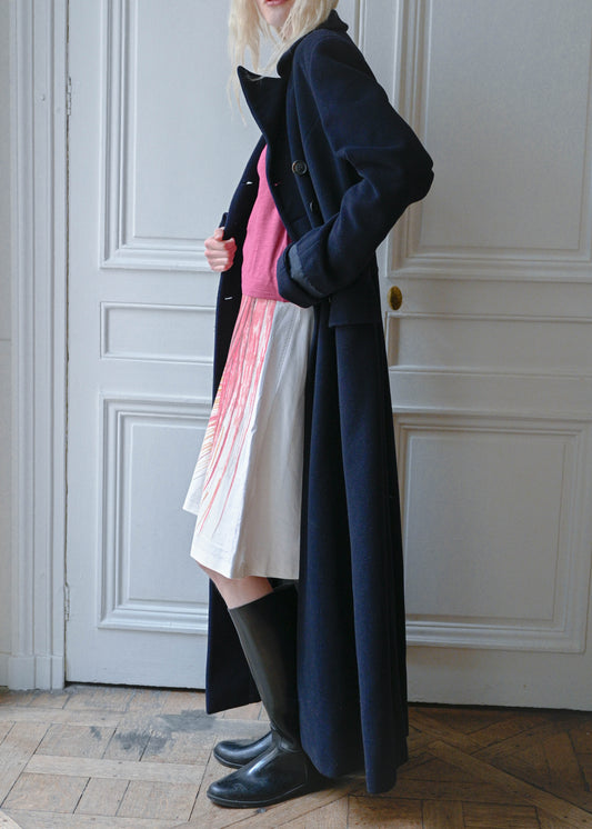 Vintage navy wool maxi coat, side view, TURN Paris