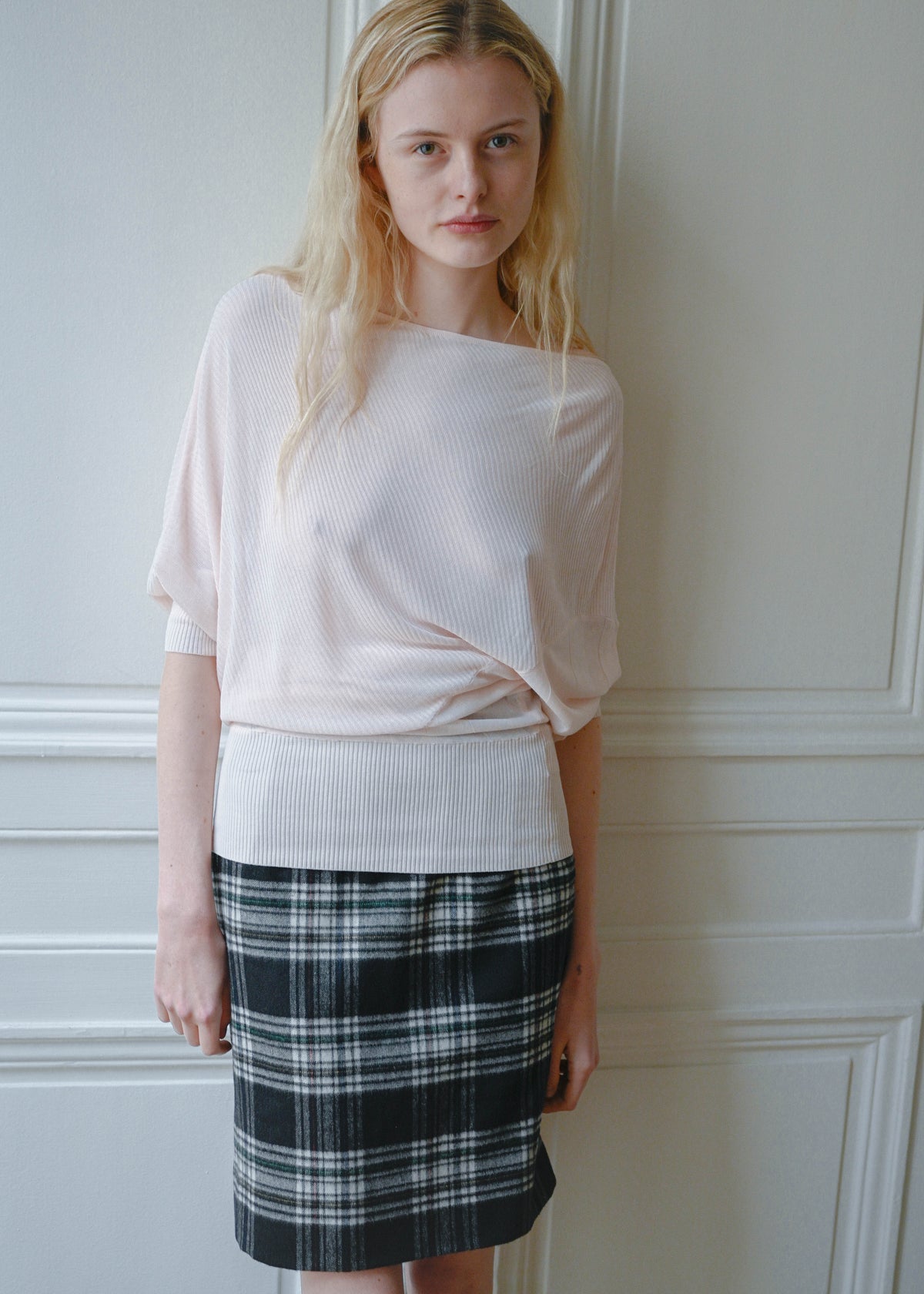Vintage Francomina powder pink shift dress worn over a black check skirt, front view, TURN Paris