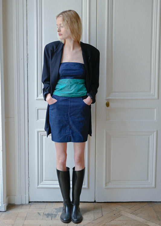 Vintage strapless denim style mini dress with a green scarf band, side view, TURN Paris