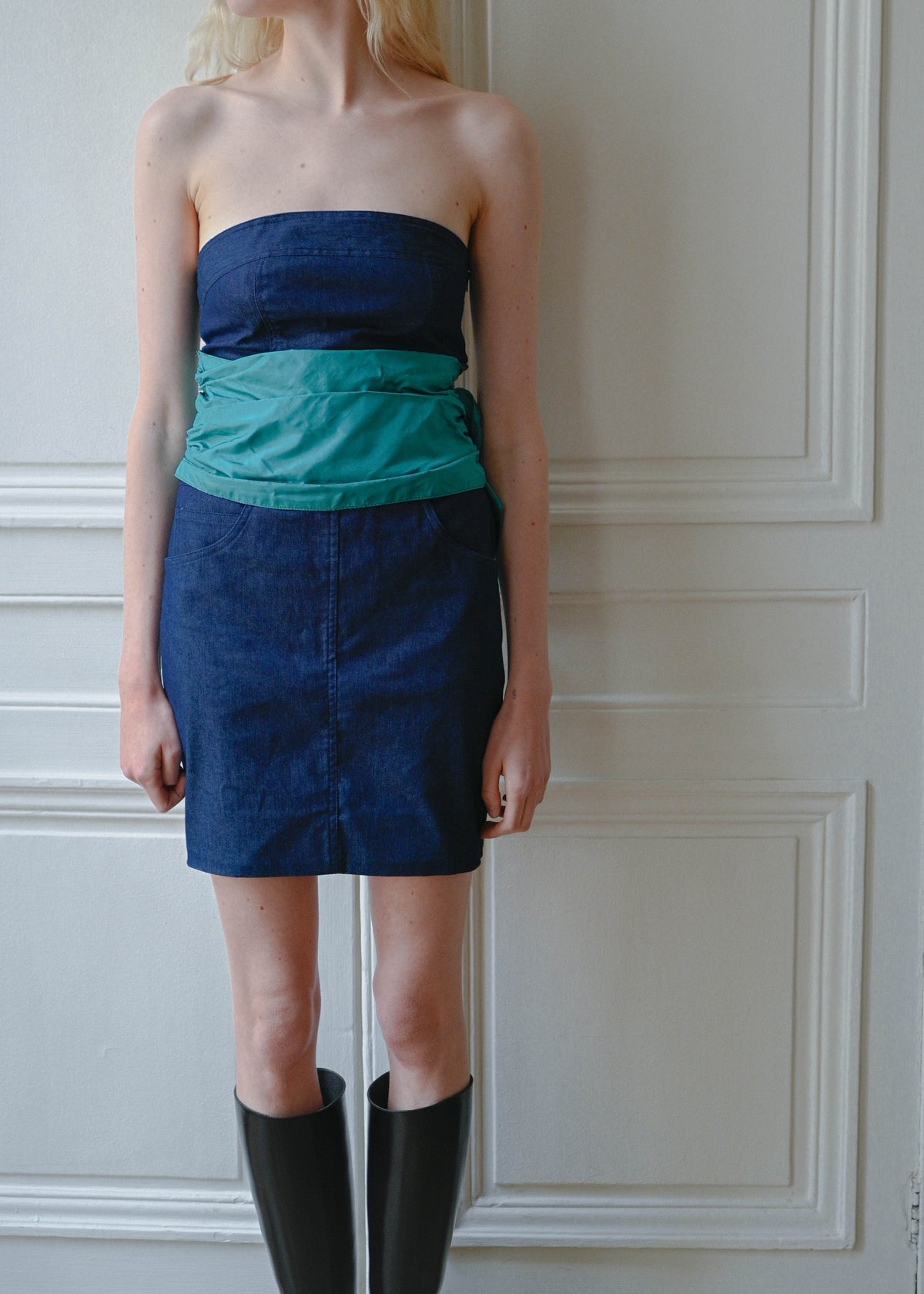 Vintage strapless denim style mini dress with a green scarf band, detail, TURN Paris