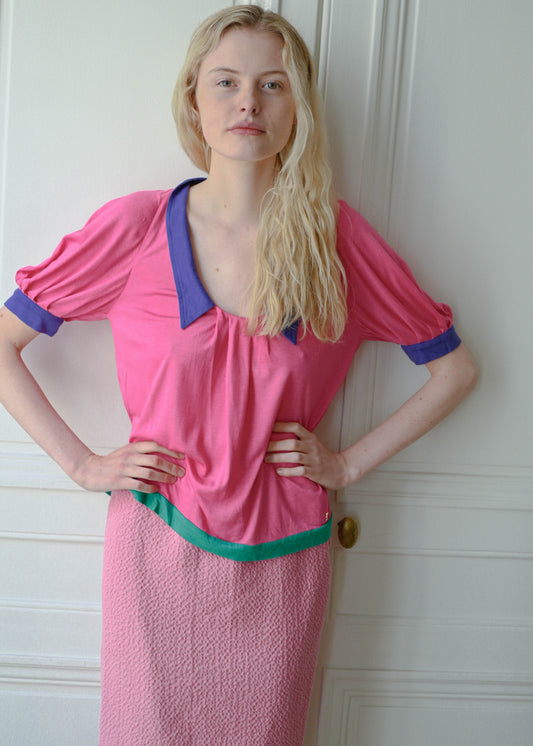 Vintage Roberta di Camerino pink top with a purple collar, detail, TURN Paris