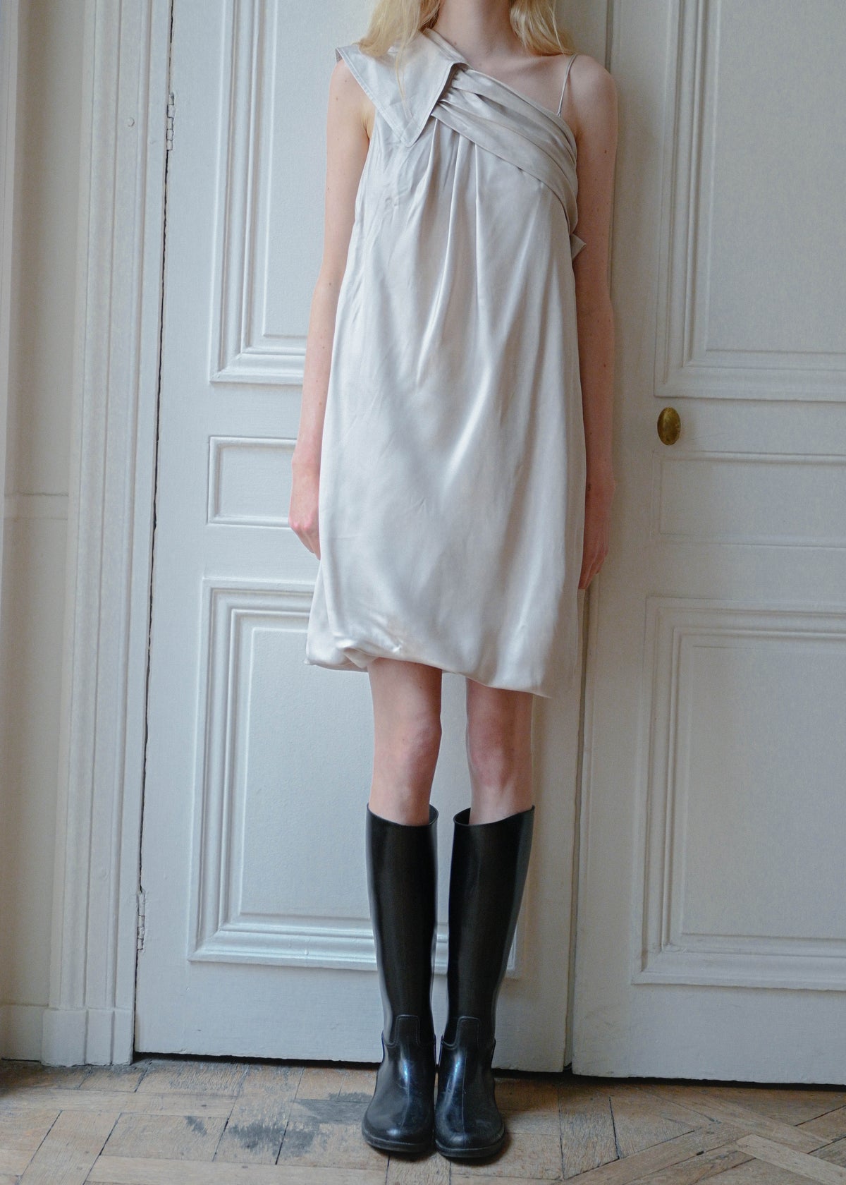 Vintage beige satin dress with spaghetti straps and a draped neckline, detail, TURN Paris