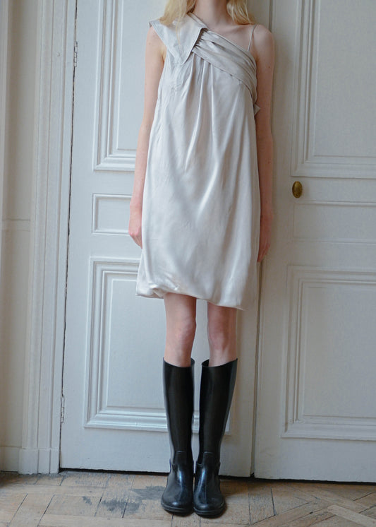 Vintage beige satin dress with spaghetti straps and a draped neckline, detail, TURN Paris