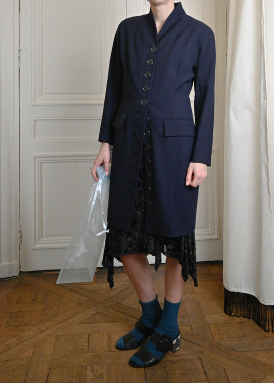 TURN PARIS GIANFRANCO FERRE STUDIO BUTTON UP COAT IN NAVY