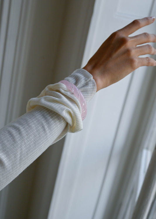 TURN Paris gum pink Twisted Bangle, handmade glass bangle by La Verrerie de Biot