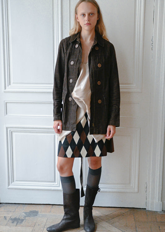 Brown velvet safari jacket worn with diagonal check wool skirt, front view