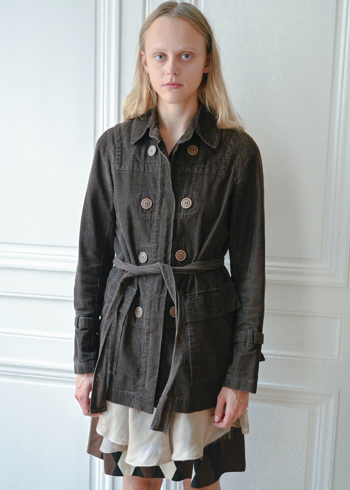 Brown velvet safari jacket worn with diagonal check wool skirt, front view