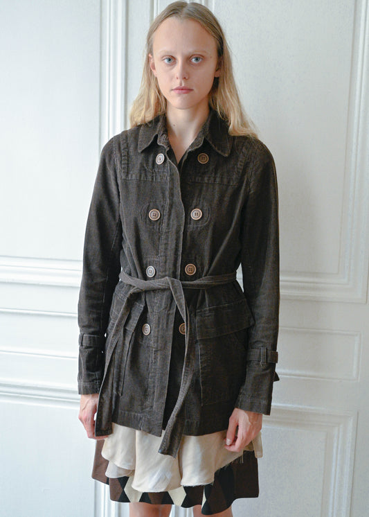 Brown velvet safari jacket worn with diagonal check wool skirt, front view