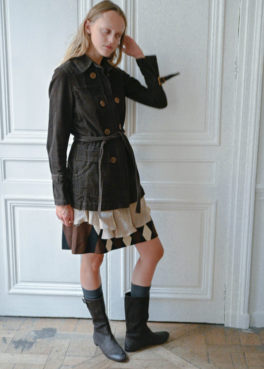 Brown velvet safari jacket worn with diagonal check wool skirt, front view