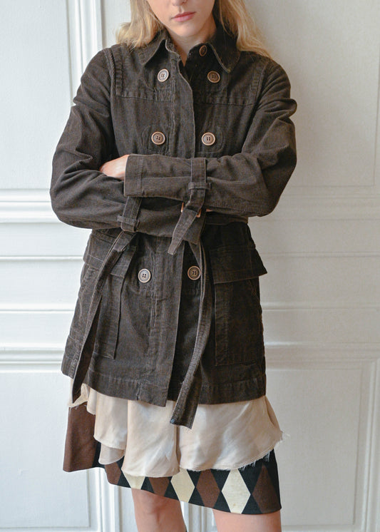 Brown velvet safari jacket, close-up