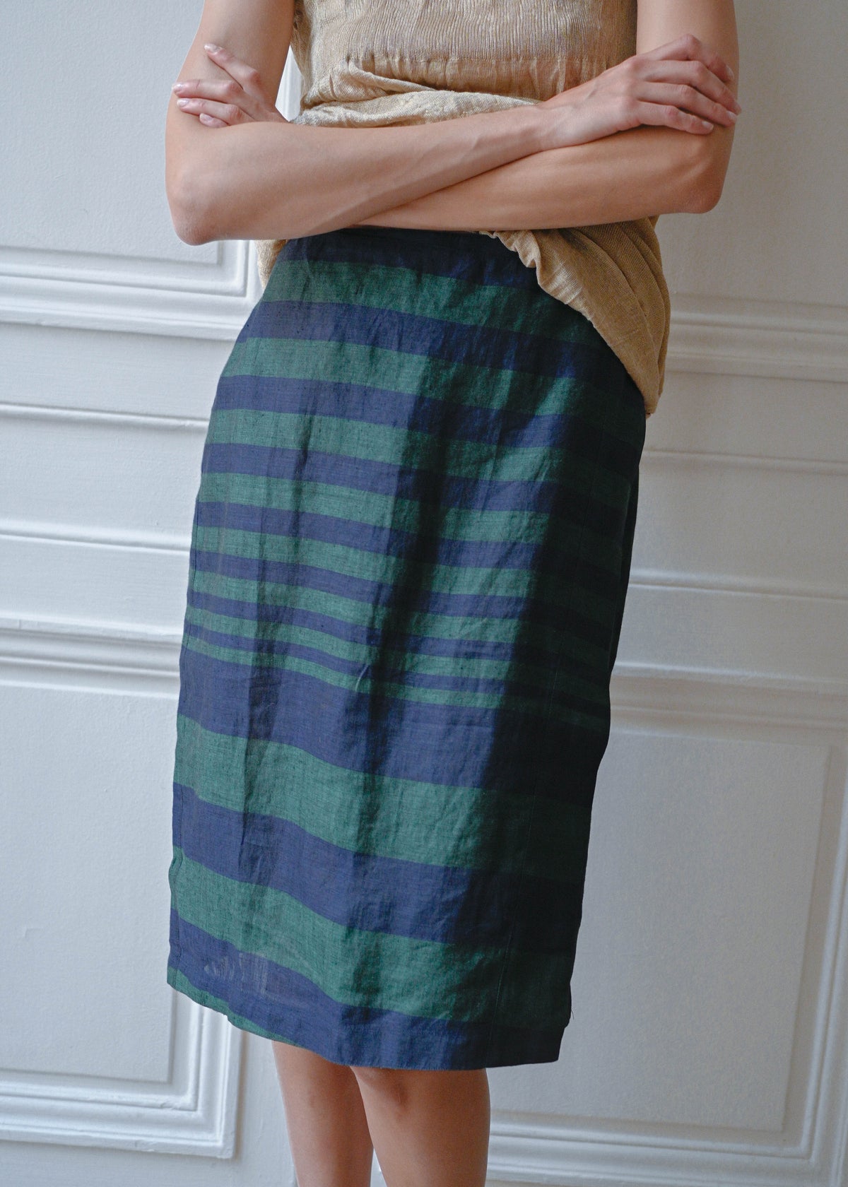 Striped linen skirt, close-up