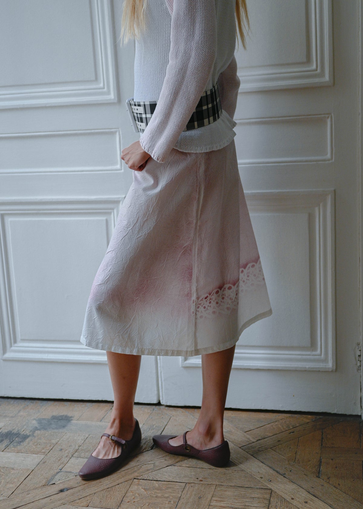Crinkled print midi skirt, print detail