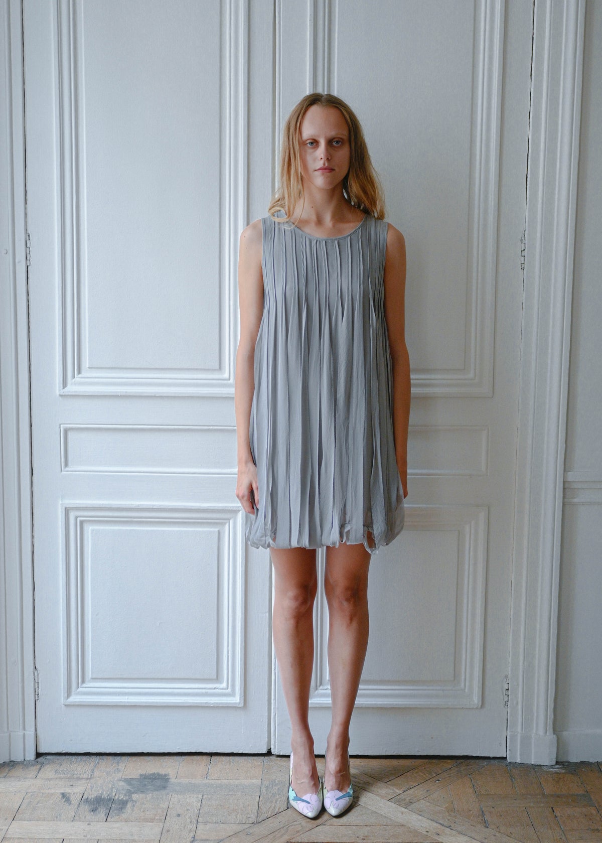 Grey silk fringe dress, front view