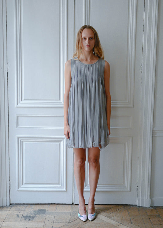 Grey silk fringe dress, front view