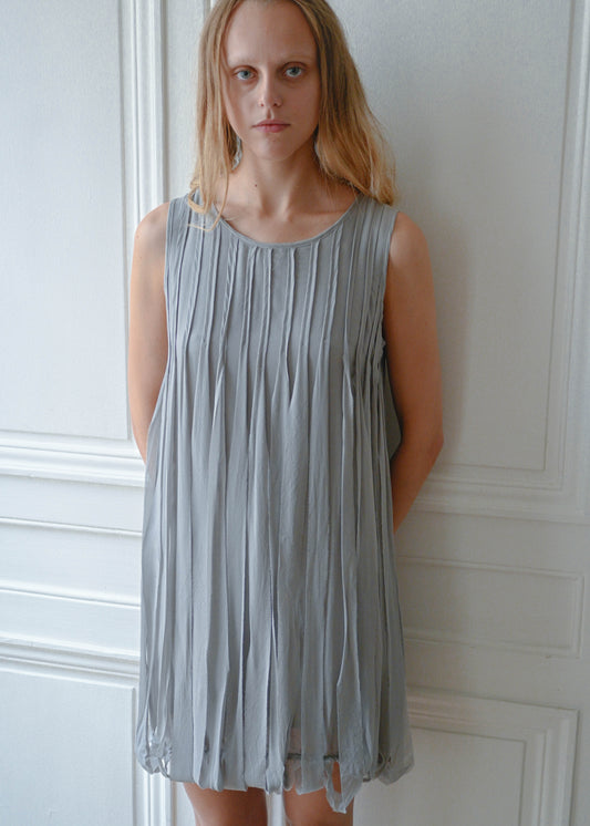 Grey silk fringe dress, front view