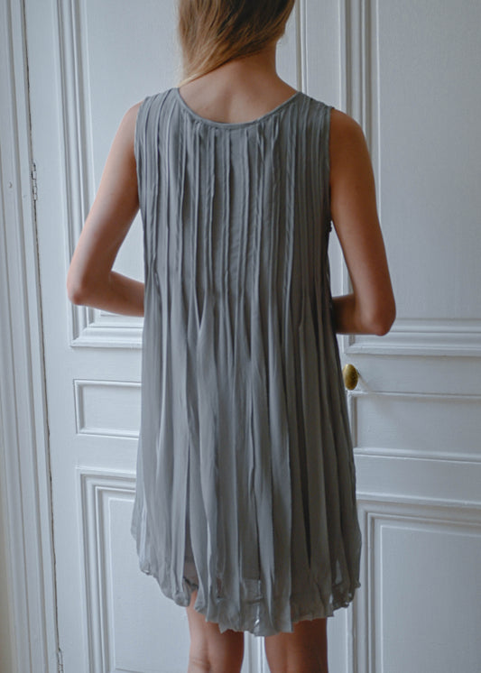 Grey silk fringe dress, back view