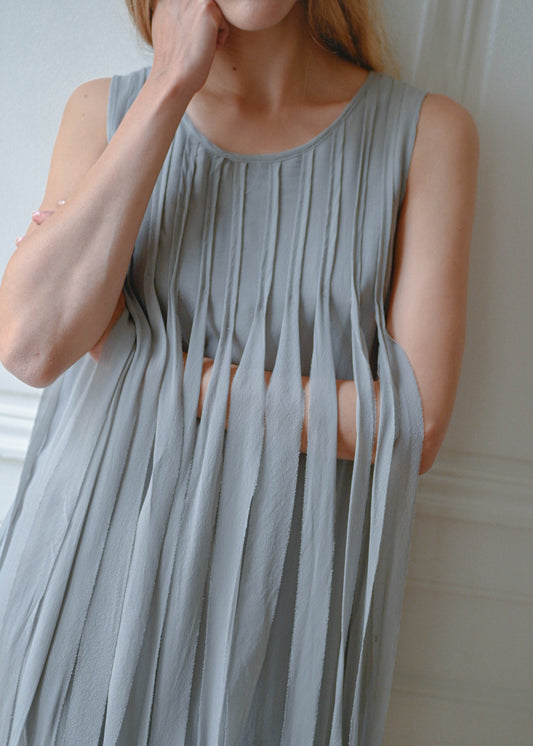Grey silk fringe dress, fringe detail