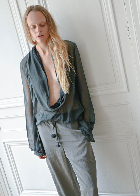Green sheer draped blouse