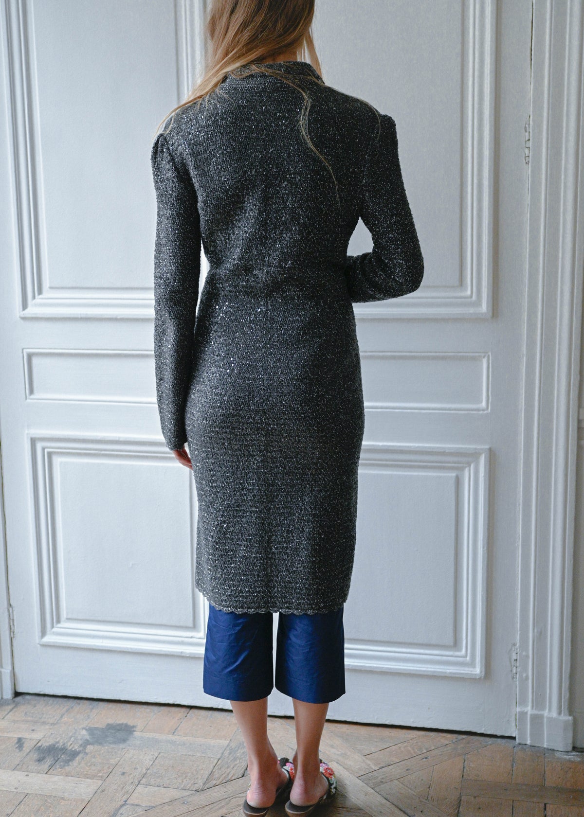 Grey and silver maxi cardigan coat, back view