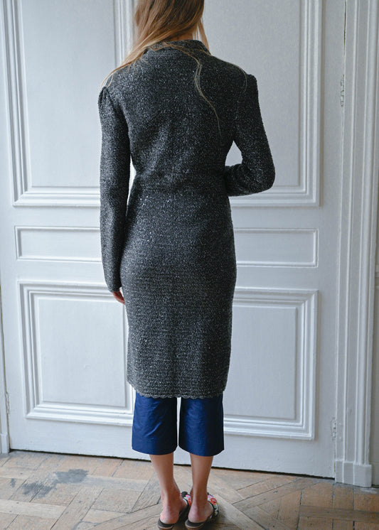 Grey and silver maxi cardigan coat, back view