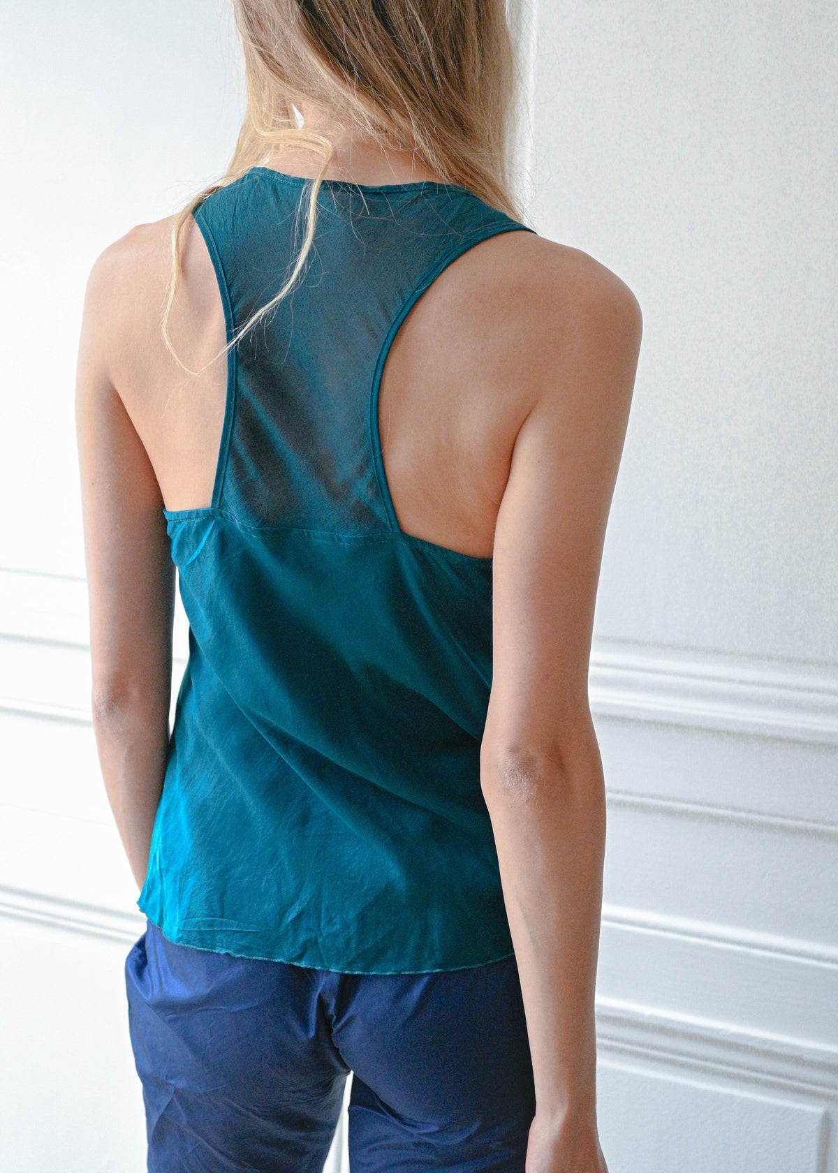 Turquoise silk cami with racer back, back view