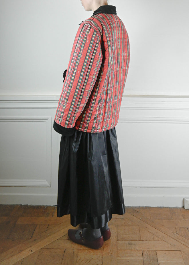 Blumarine red tartan and velvet puffer coat