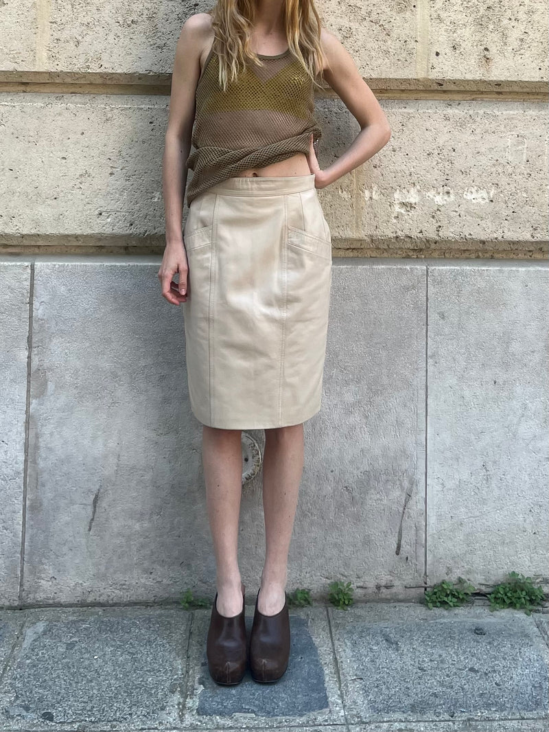 HUBERT AIMETTI COUTURIER CREME LEATHER SKIRT