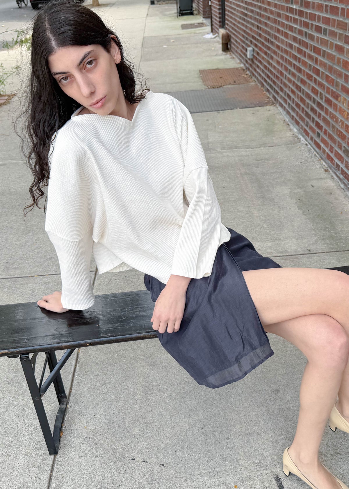 TURN Paris ribbed sweater in cream with a heart-shaped silhouette and structured shoulders to enhance posture. Made in Portugal.